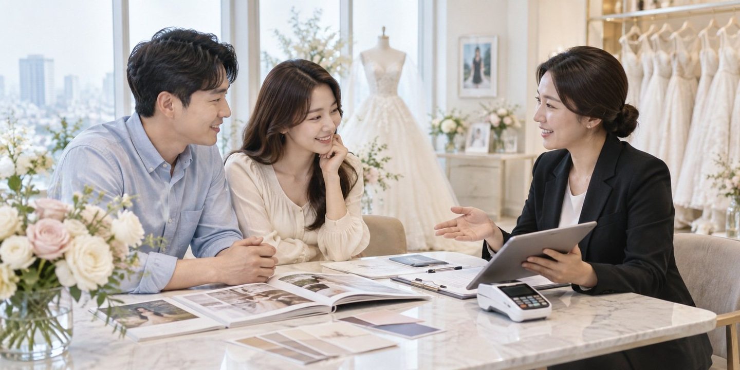 테이블에 모여 서류와 사업 내용을 함께 살펴보는 사람들 — PG결제 웨딩 카드결제 가입비 · 개통비 0원, 무료 개통으로 이번 주 상담 손님부터 카드 계약금을 받으세요.