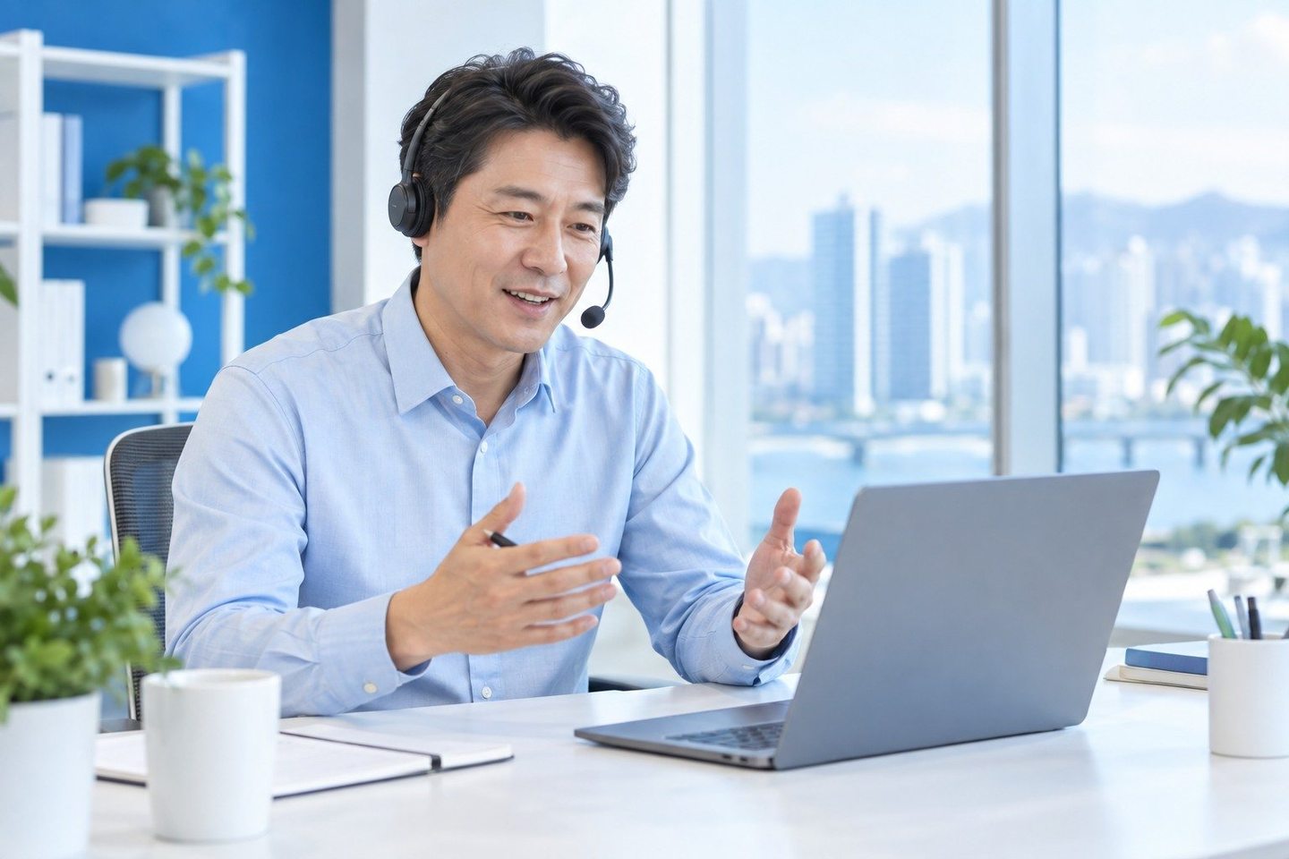 결제 기기가 놓인 테이블에서 상담하는 남성 — PG결제 웨딩 카드결제 예비부부가 마음을 정한 곳이 어디든, 계약금은 그 자리에서.