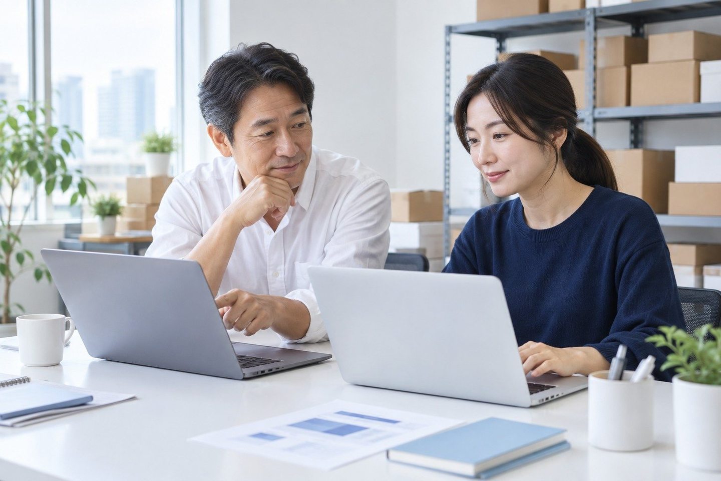 계약 자료를 함께 펼쳐 보는 두 사람 — PG결제 웨딩 카드결제 개통비웨딩 카드 계약금, 시작하는 데 돈이 들까 걱정되시죠? 연락 주시면 처음 드는 비용부터 솔직하게 알려 드립니다.