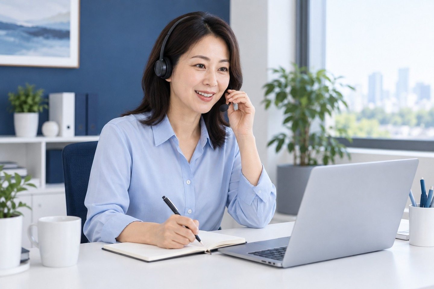 사무 공간에서 노트북으로 상담 업무를 보는 여성 — PG결제 웨딩 카드결제 당일 개통오늘 서류를 보내면 오늘 열 수 있을까요? 연락 주시면 빠르면 당일 개통까지 같이 챙겨 드립니다.