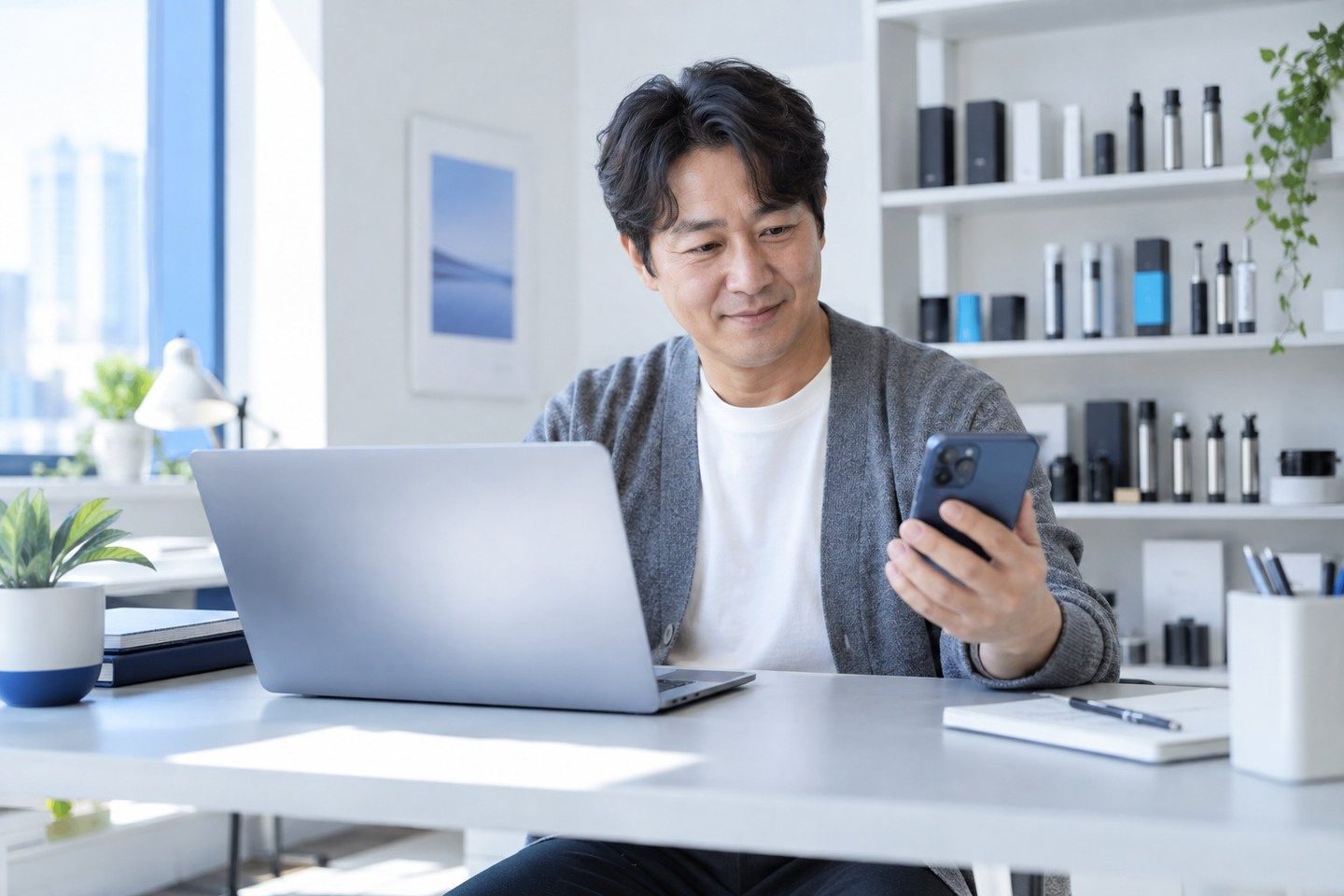 밝은 업무 공간에서 노트북을 사용하는 남성 — PG결제 웨딩 카드결제 계약금상담석에서 마음 정한 예비부부, 연락 주시면 그 자리 계약금까지 이어 드립니다.