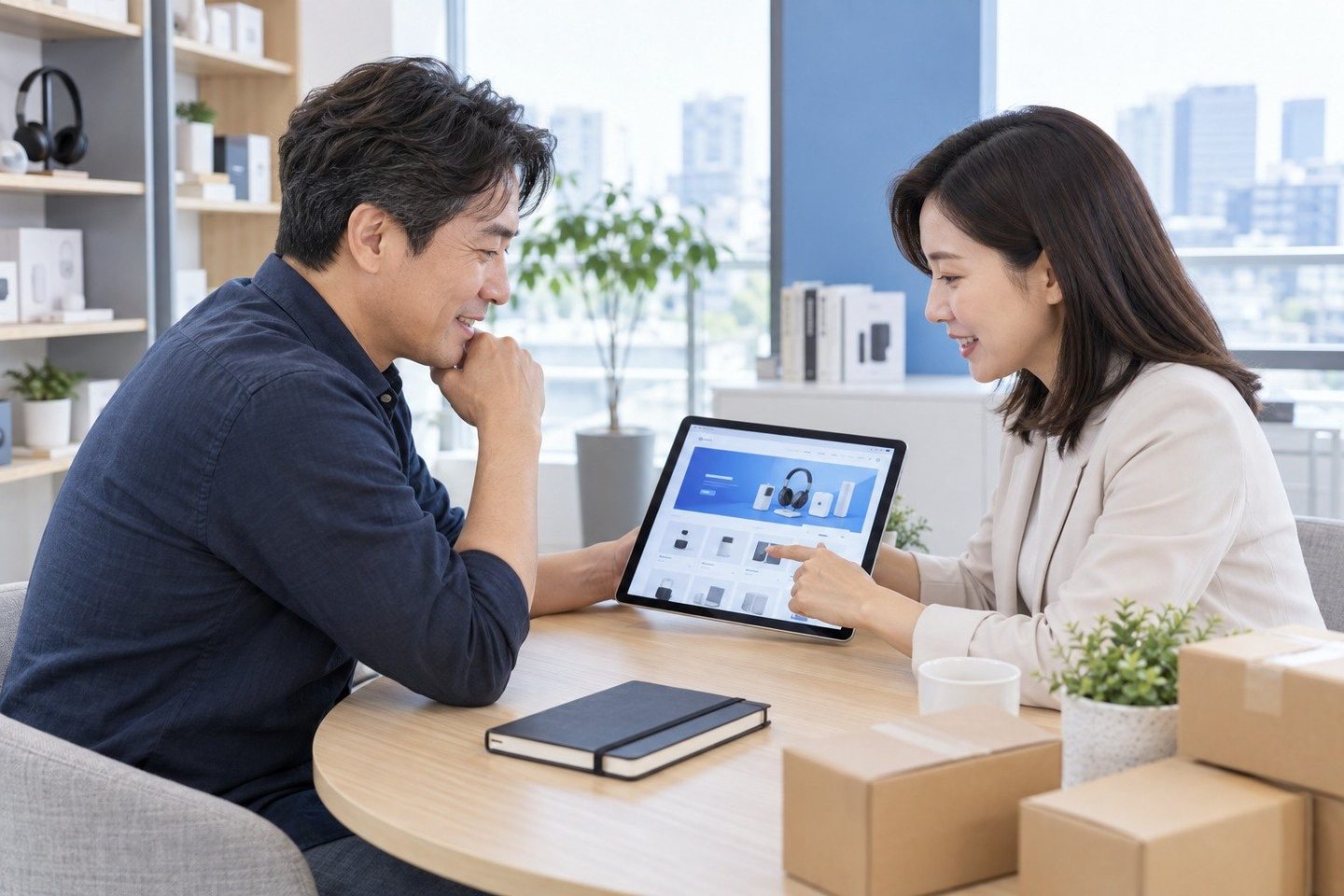 태블릿 화면과 조건을 함께 확인하는 두 사람 — PG결제 웨딩 카드결제 상담이번 주 예비부부 상담이 잡혀 있다면 지금 알려 주세요. 연락 주시면 개통 날짜부터 같이 맞춰 드립니다.